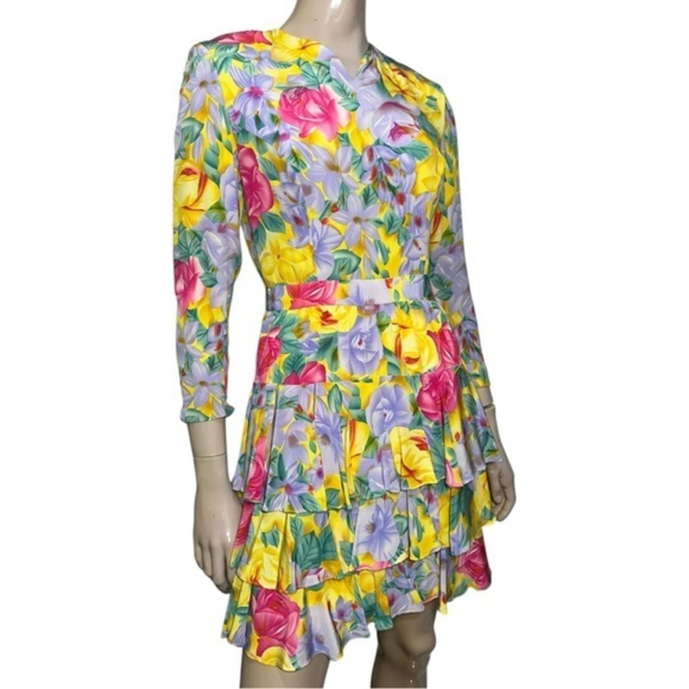 Fiandaca Vintage Women’s Size 6 Purple Yellow Pink Floral Tiered Mini Dress